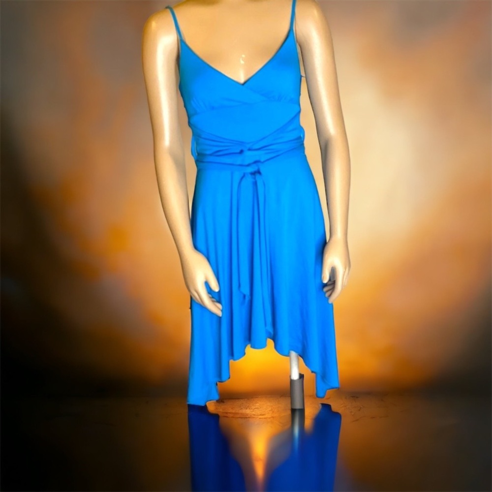Bebe vintage blue spaghetti strap ASM hem gathered wrap dress